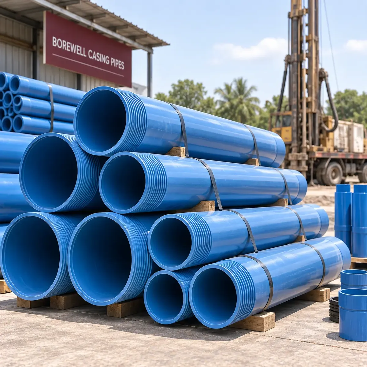 Blue borewell casing pipes stacked near a drilling site