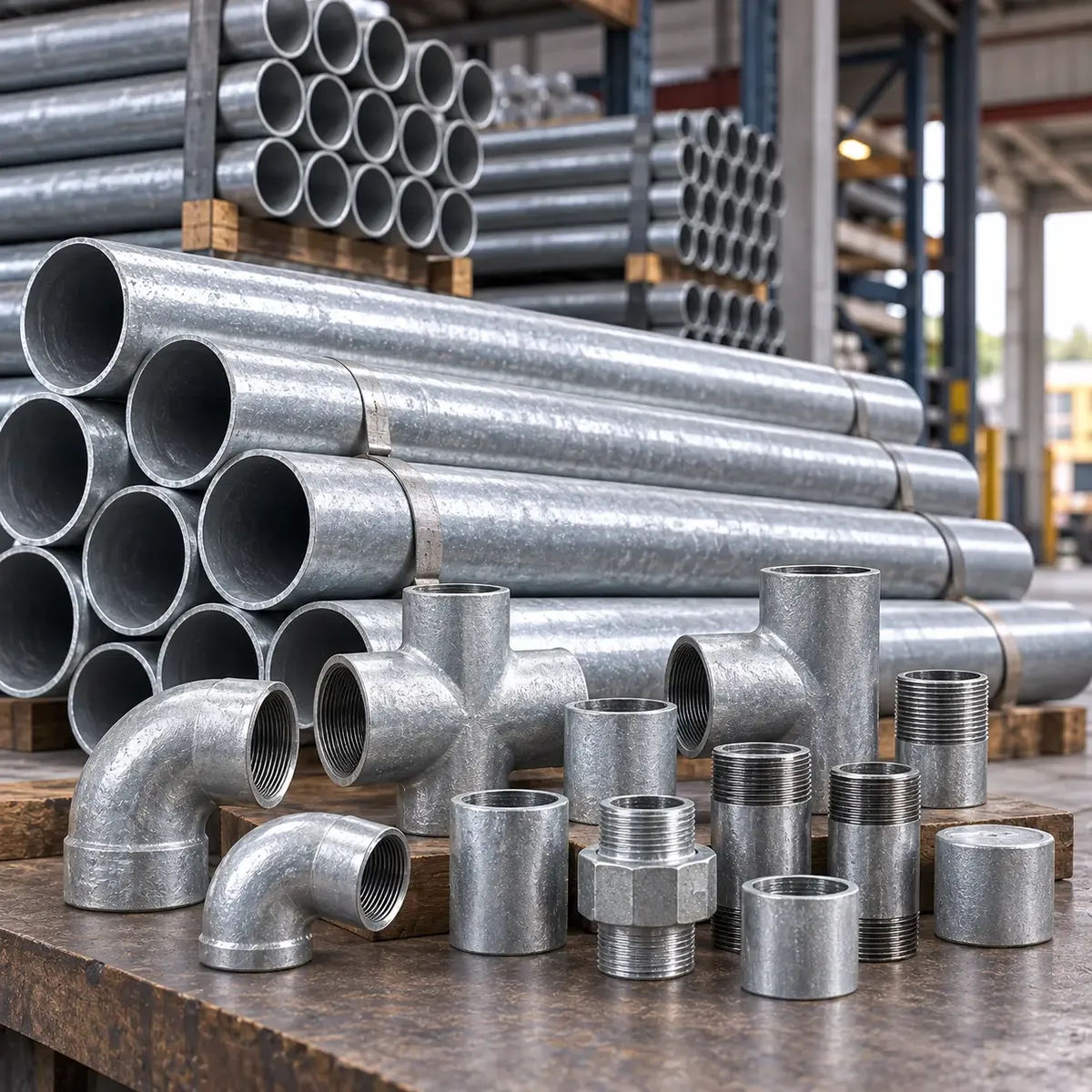 Galvanised iron pipes and threaded fittings arranged in a warehouse