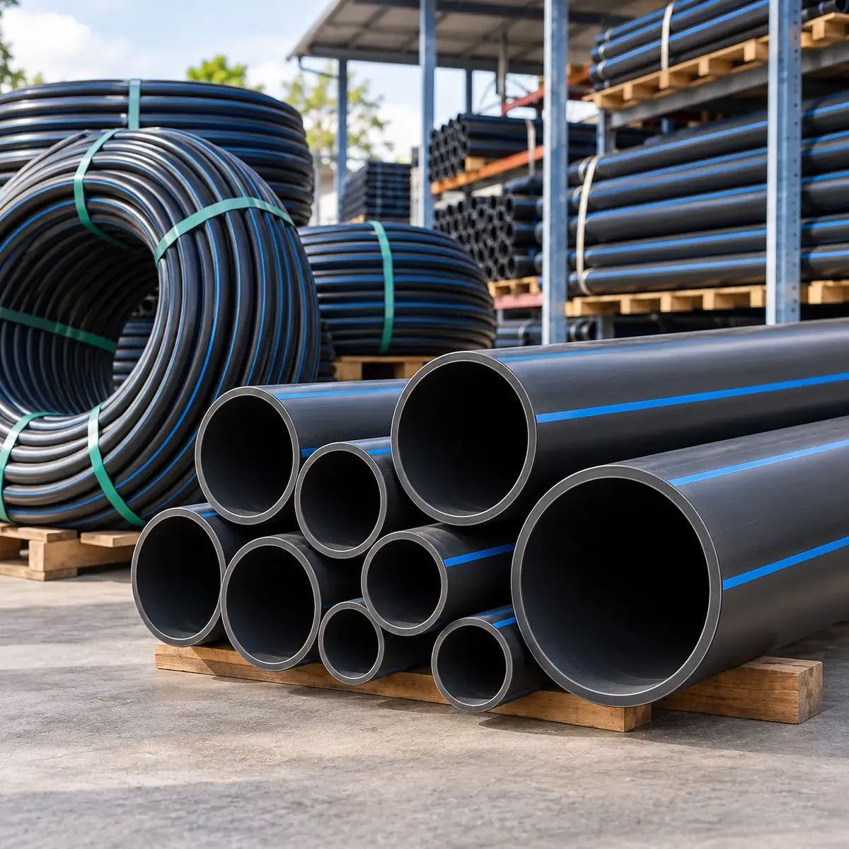 Coiled HDPE pipes stored for infrastructure projects