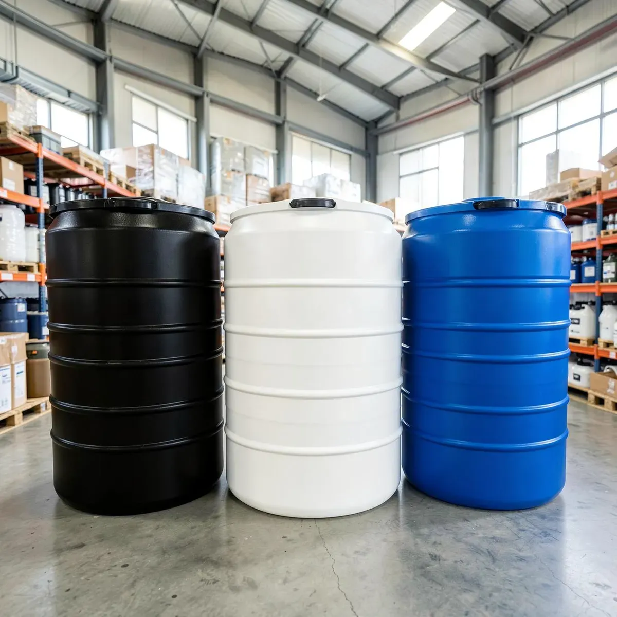 Black, white and blue water storage tanks displayed in a supply warehouse